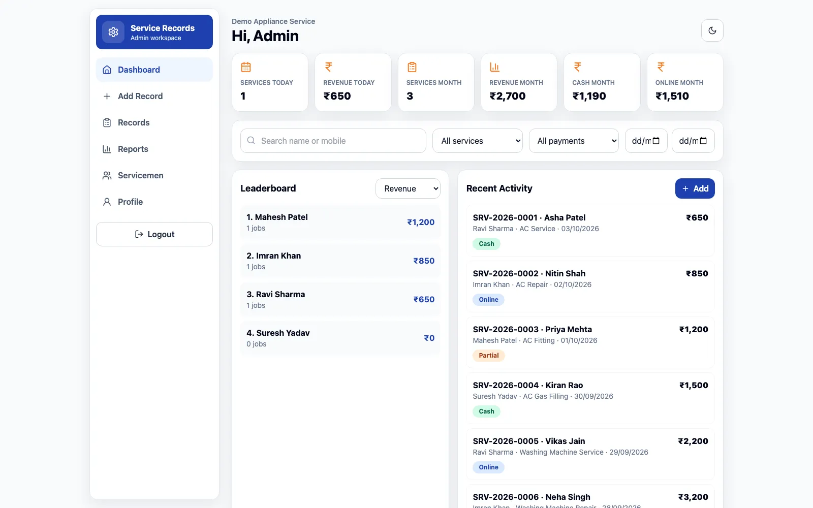Service Record admin dashboard with service and revenue totals, a serviceman leaderboard and recent activity from demo records