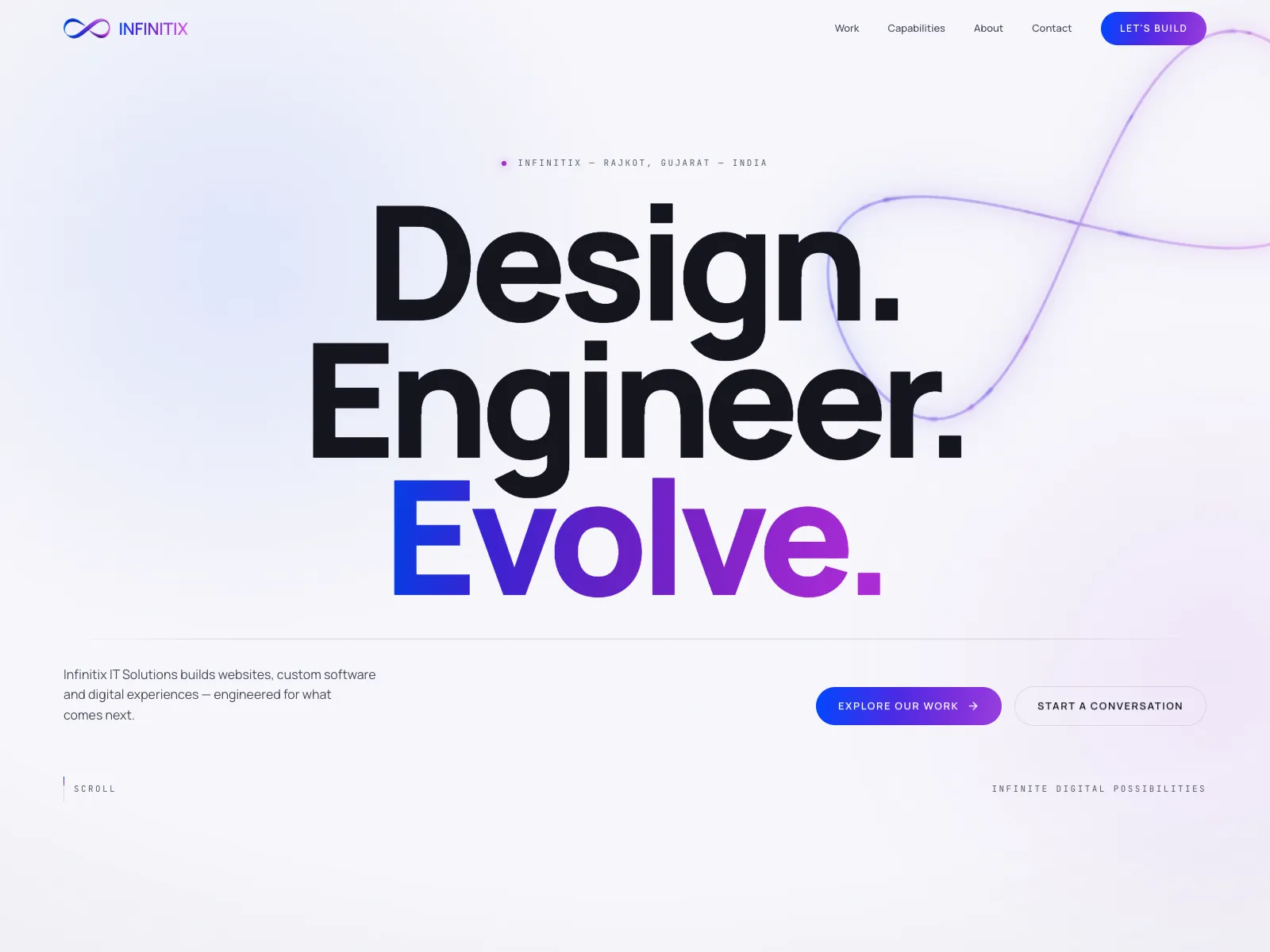 Infinitix website hero with the headline Design. Engineer. Evolve. and an infinity curve