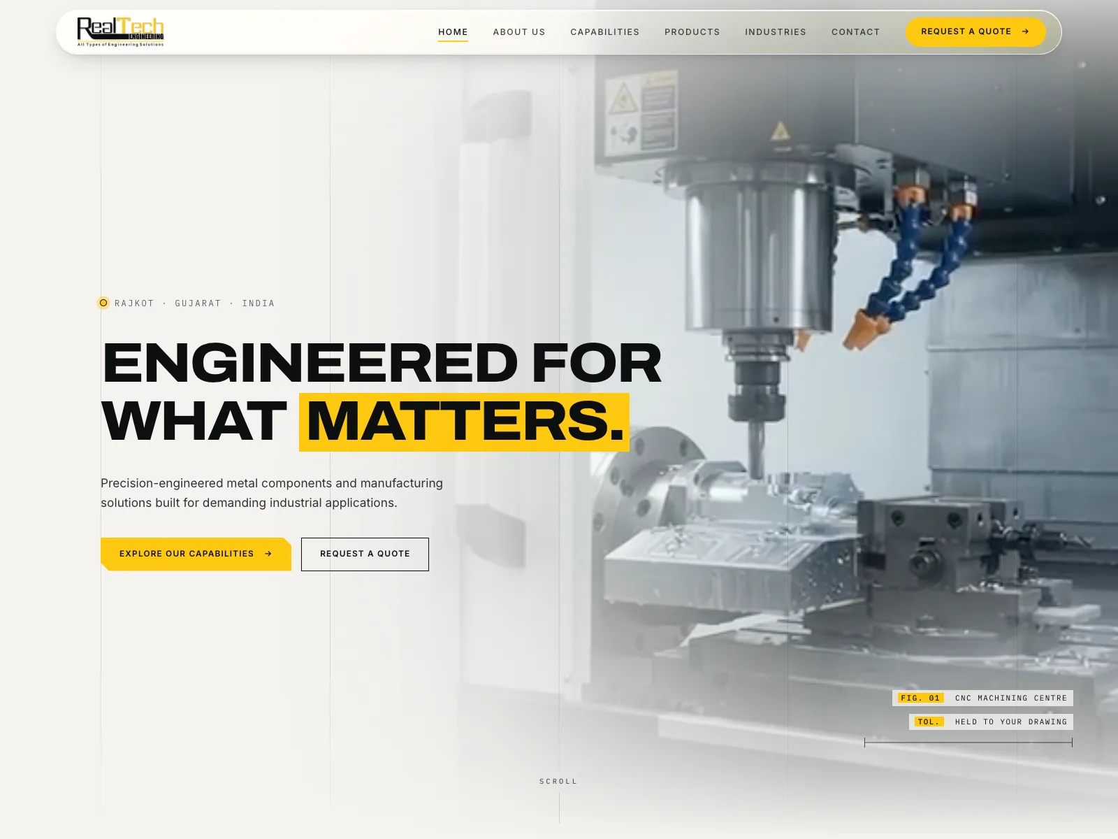 Real Tech Engineering website hero with the headline Engineered for What Matters over a CNC machining centre