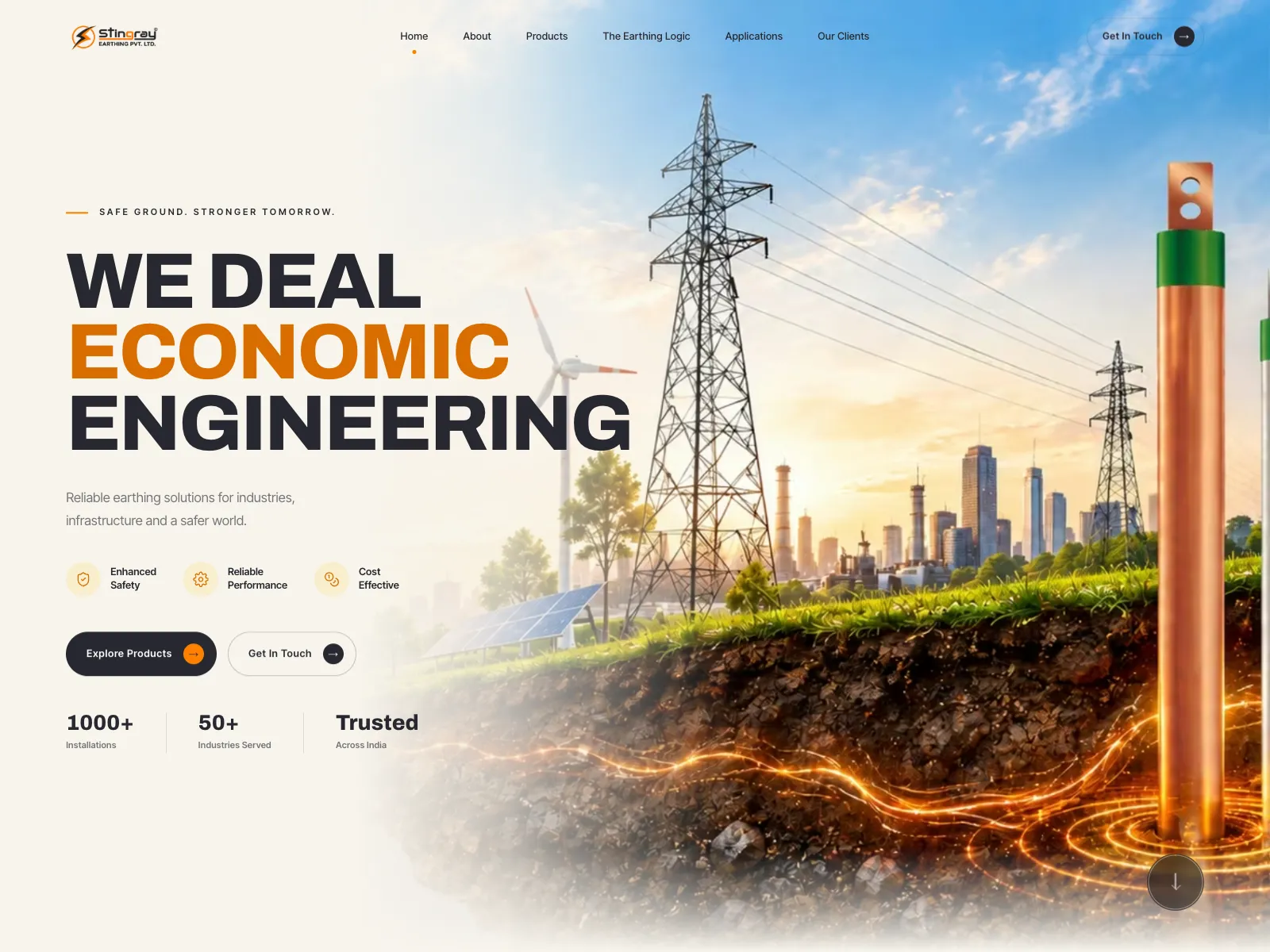 Stingray Earthing website hero with the headline We Deal Economic Engineering and an earthing electrode scene