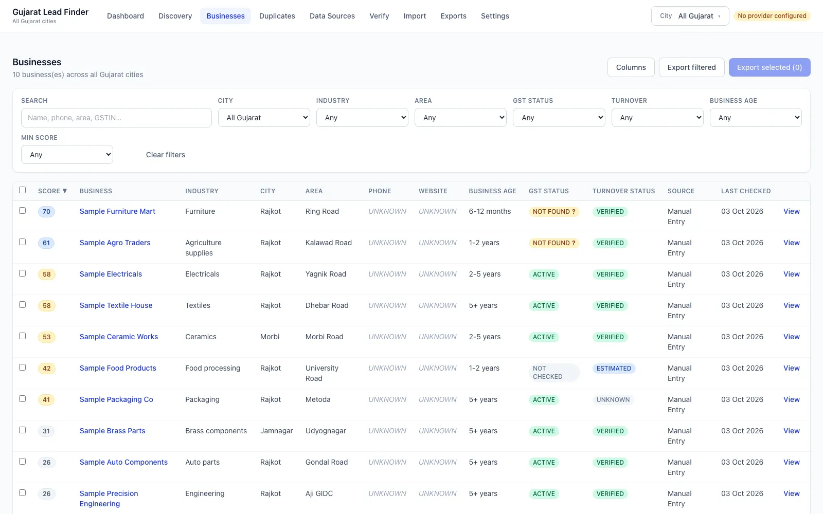 Lead Finder business table of sample businesses with lead score, industry, city, business age, GST and turnover status