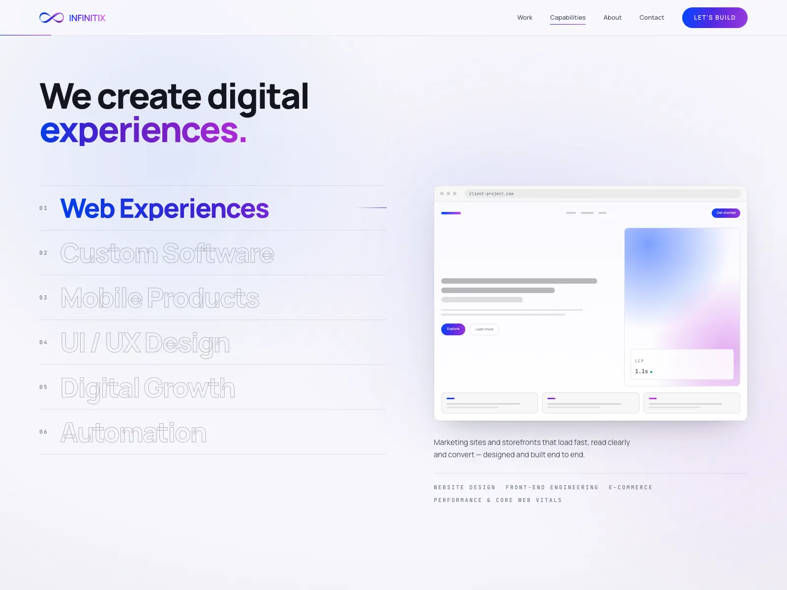 Infinitix capabilities section with an interface study illustration