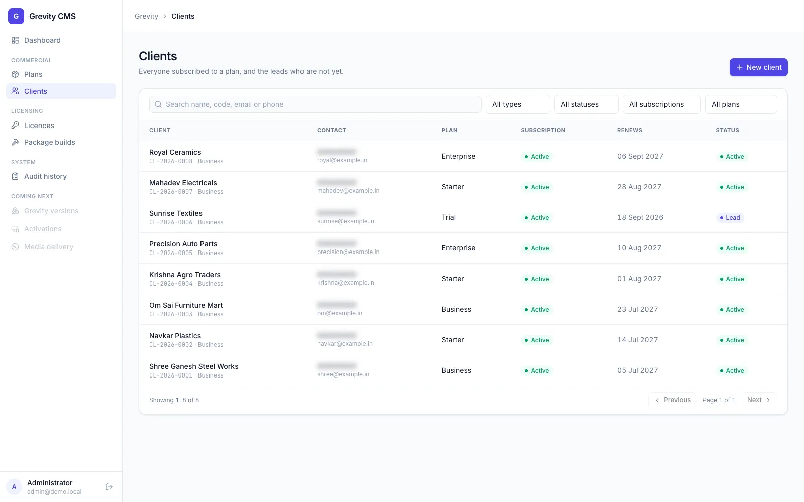 Grevity CMS clients list with plan and status columns and phone numbers blurred