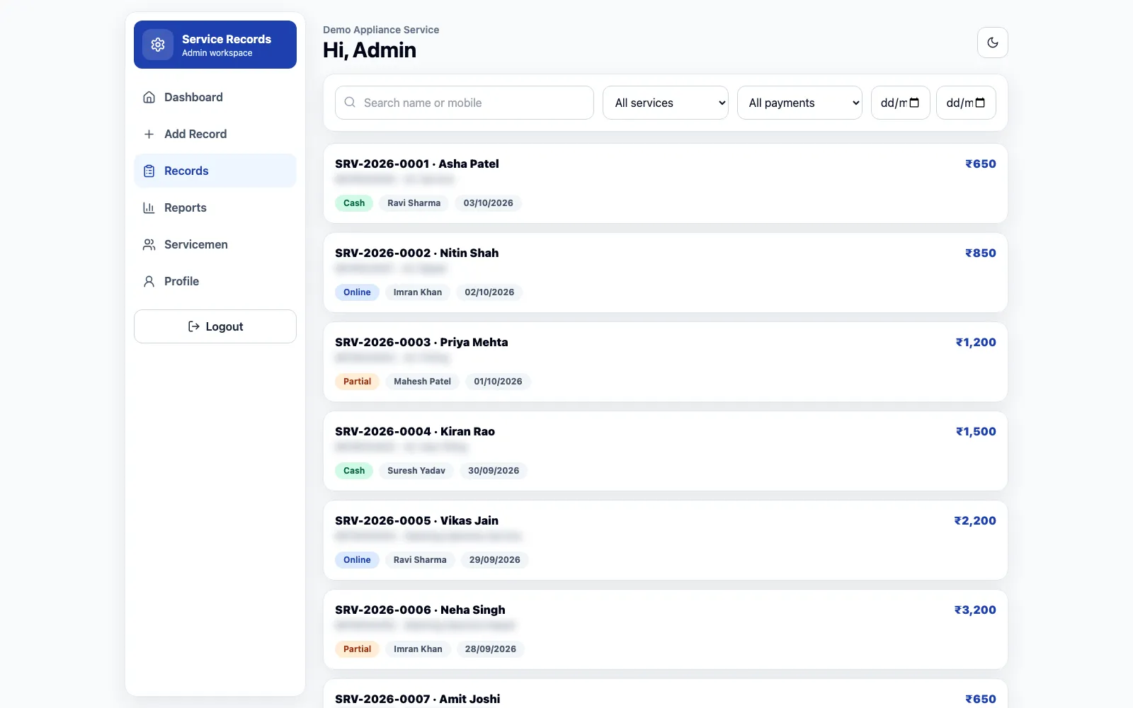Service Record list of demo service records with amount, payment mode, serviceman and date, mobile numbers blurred