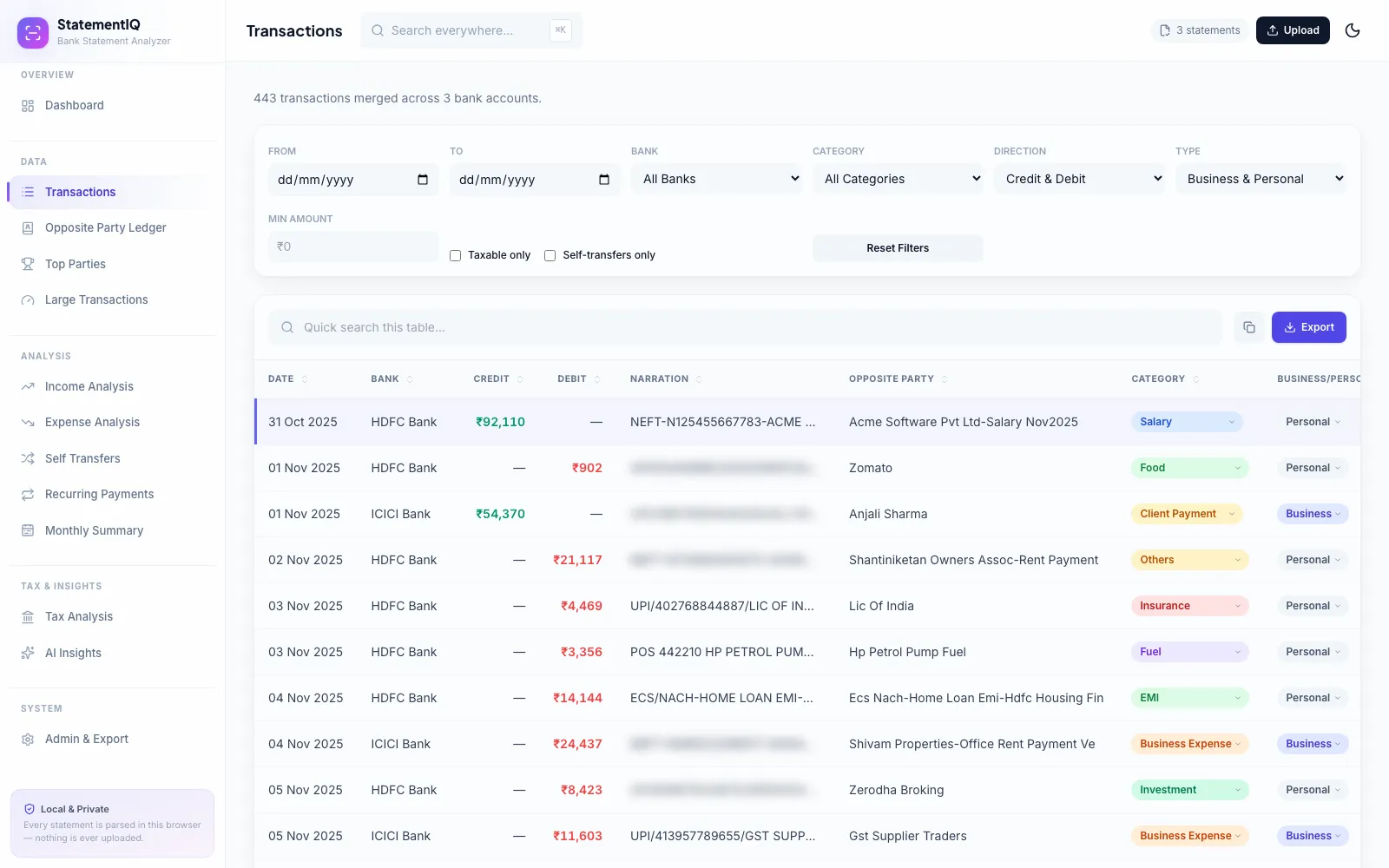 StatementIQ transactions table with bank, amount, narration, opposite party and category columns, built from demo data