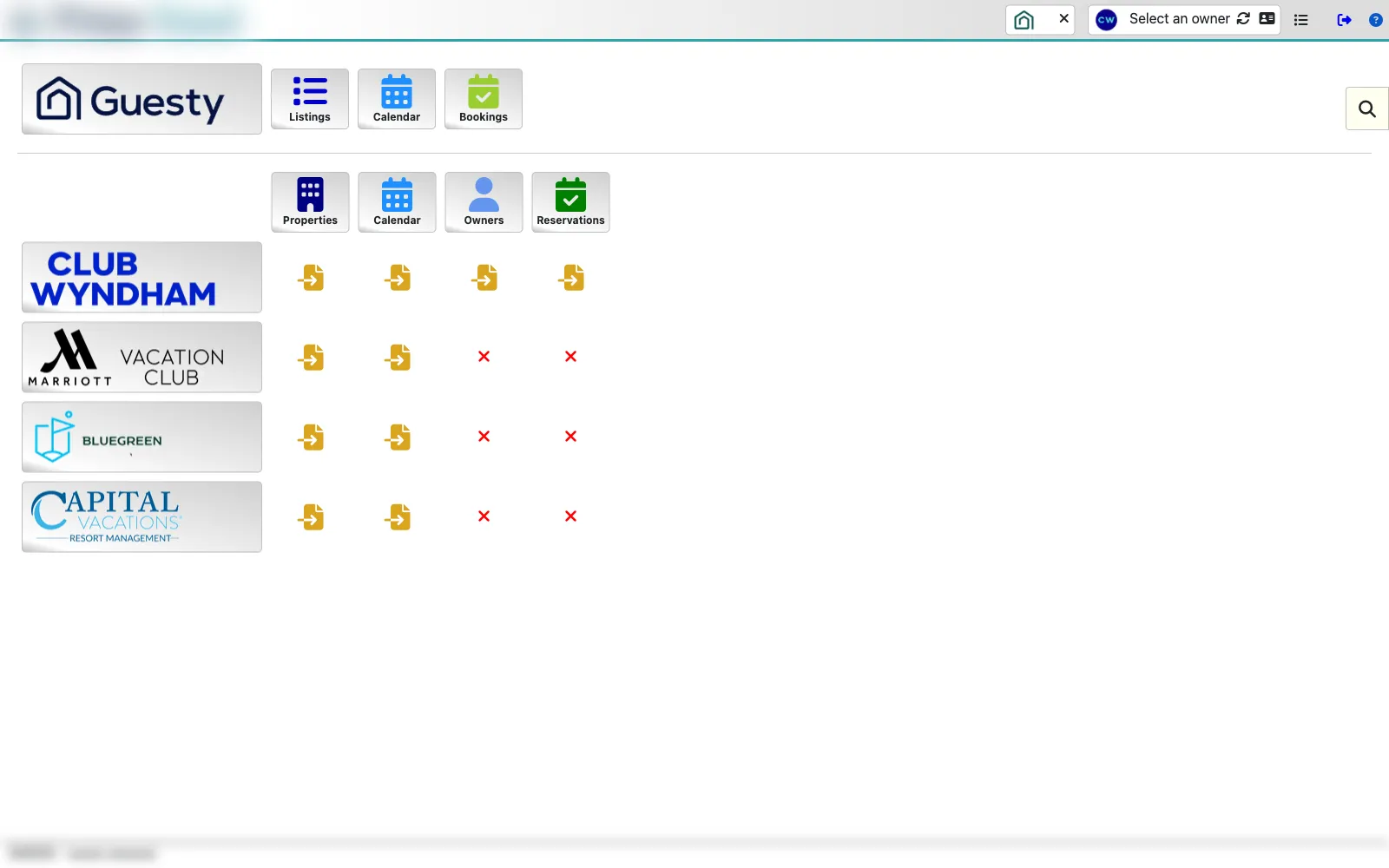 Vendor hub screen listing the integrated vacation-club vendors, with client branding blurred