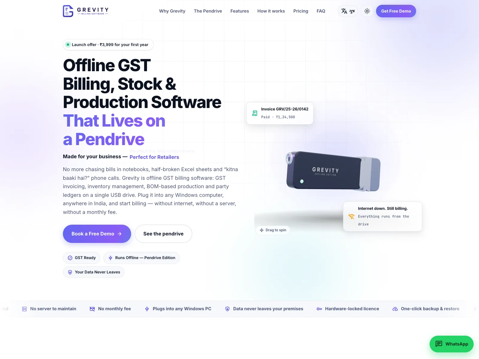 Grevity marketing website hero with a 3D pendrive and the headline about offline GST billing