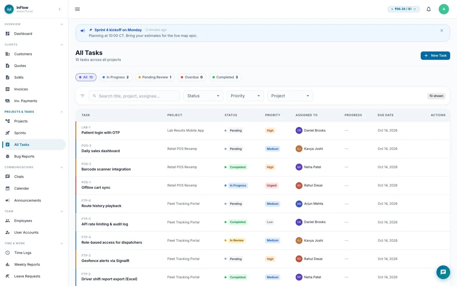 InFlow task list showing tasks across projects with assignee and status