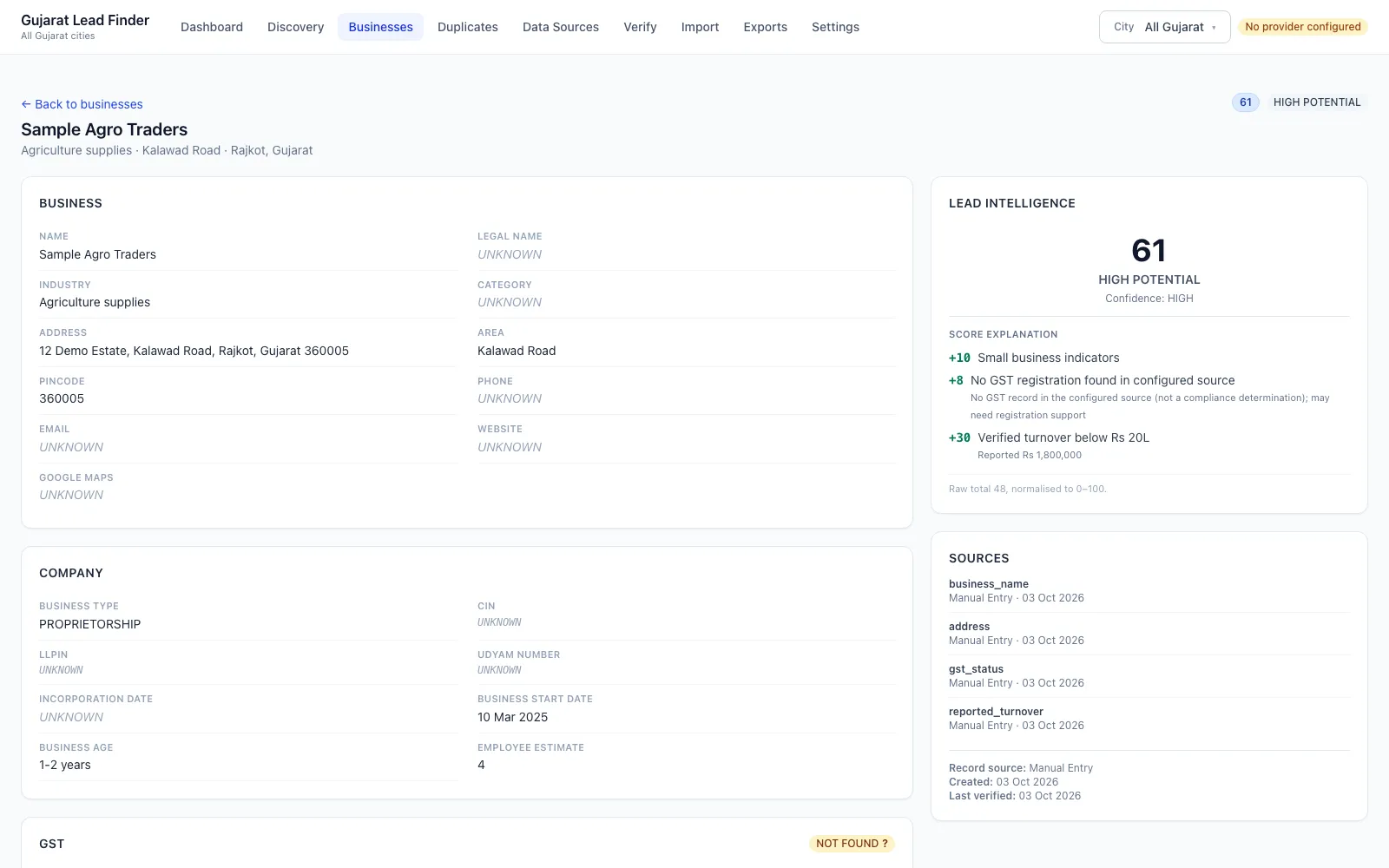 Lead Finder detail page for a sample business with a lead score of 61 explained line by line