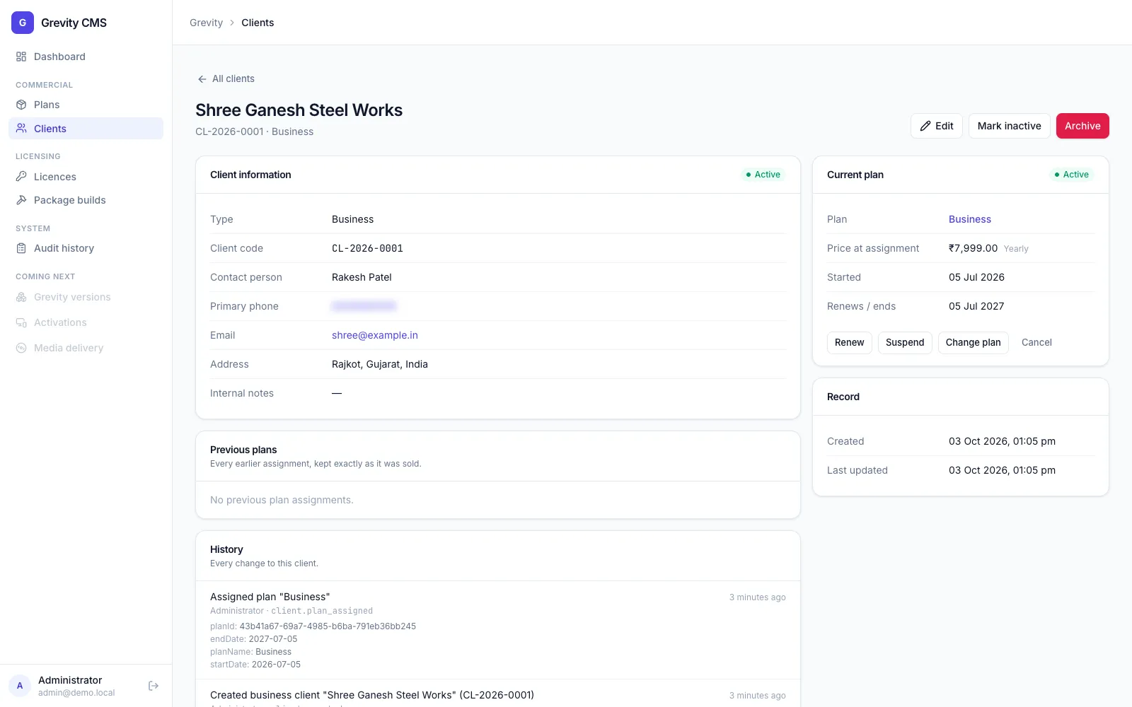 Grevity CMS client detail page showing the current plan and plan history