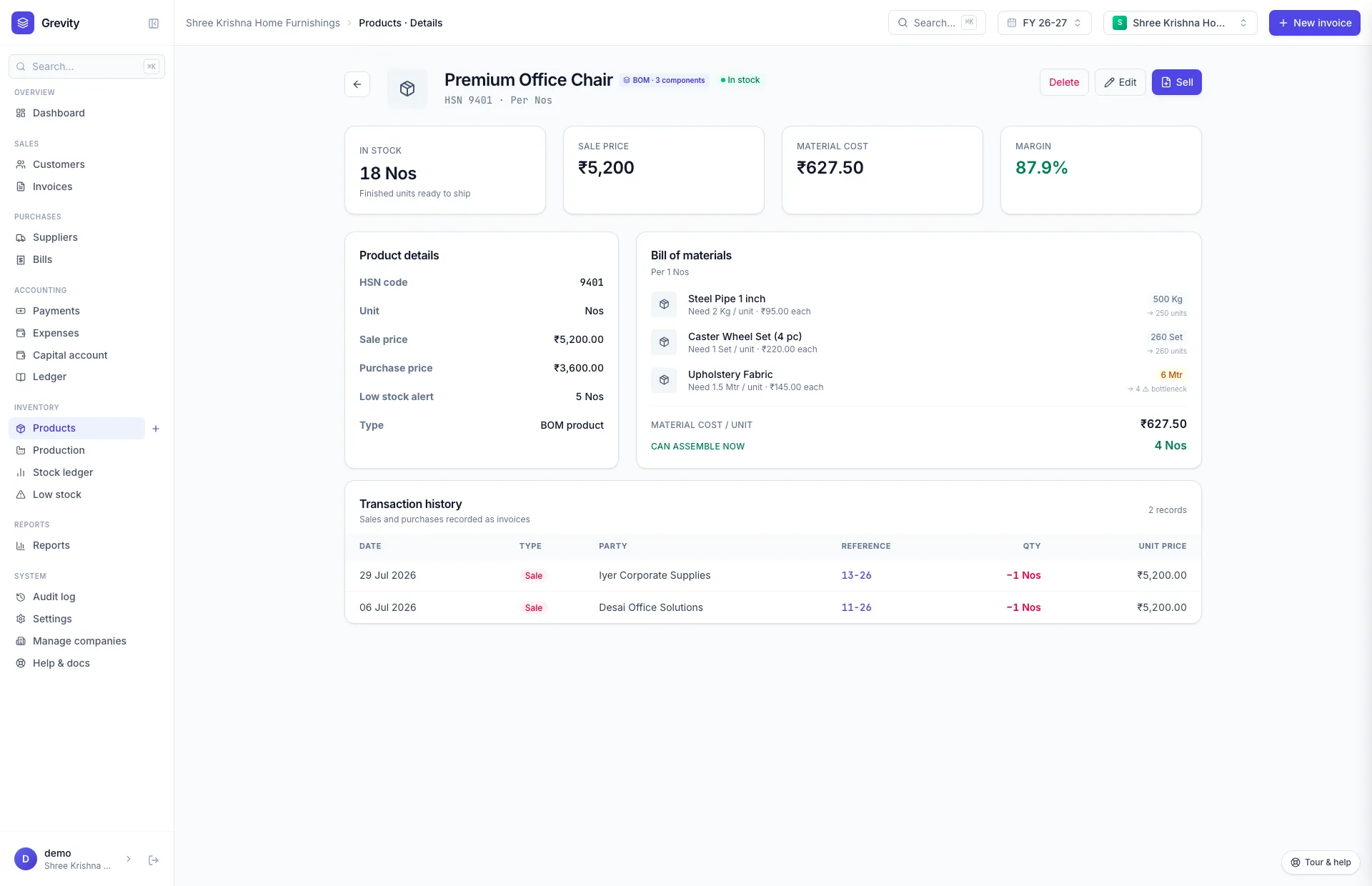 Grevity product screen showing a bill of materials with component costs and margin