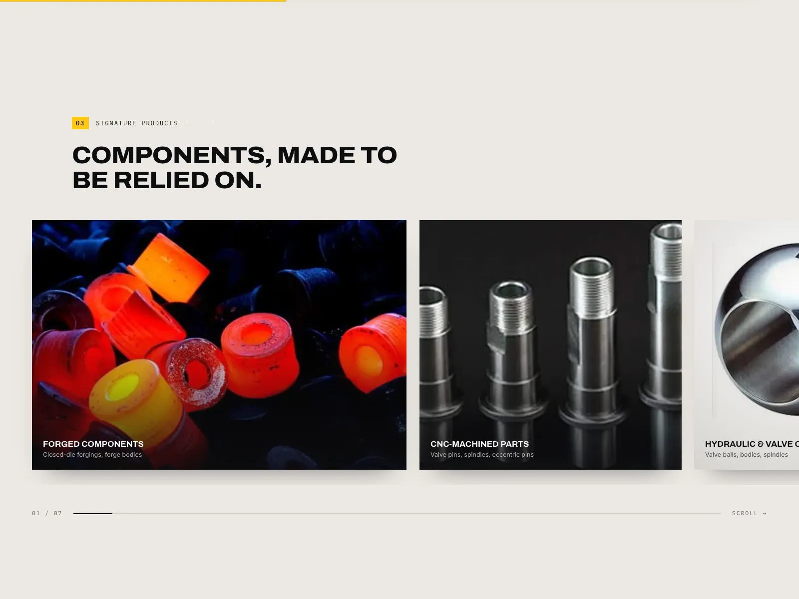 Real Tech Engineering products section showing machined and forged parts