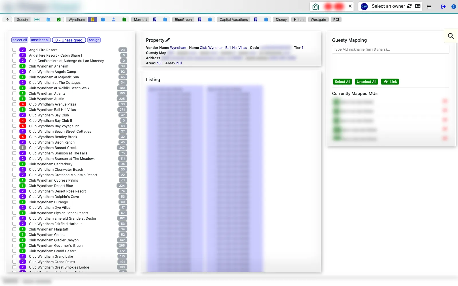 Properties sync screen mapping vendor properties to listings, with identifying details blurred