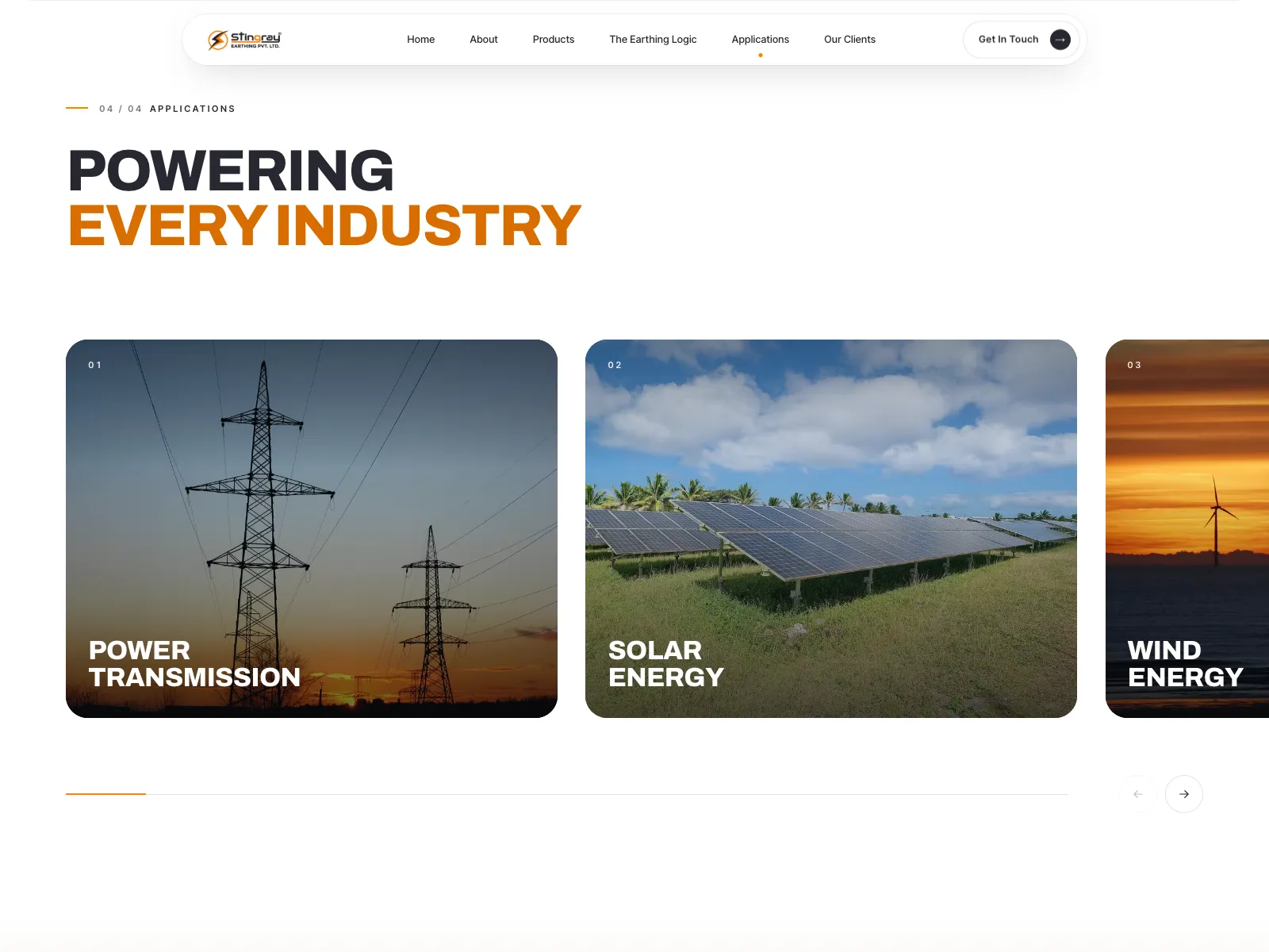 Stingray Earthing applications section listing the industries served