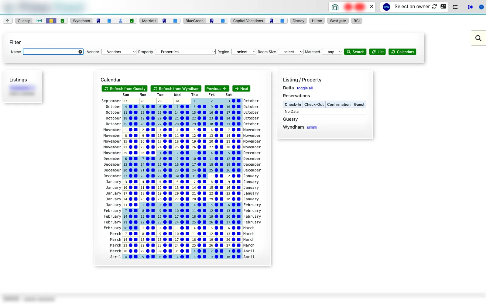 Six-month availability calendar grid with client branding blurred
