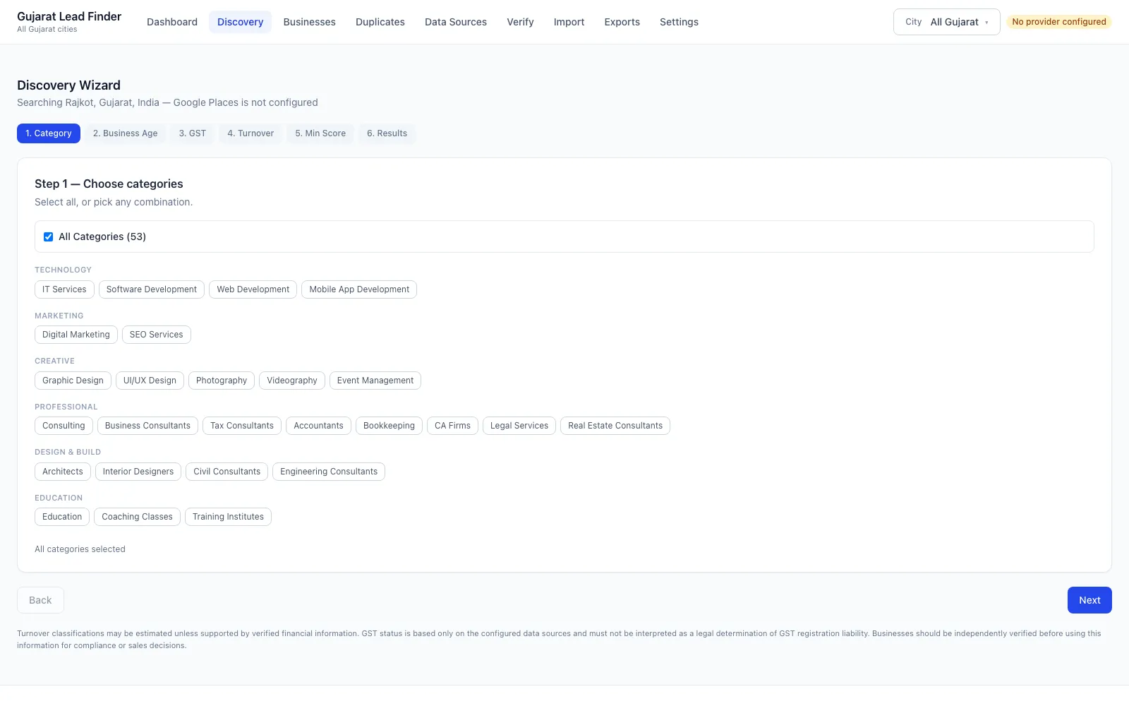 Lead Finder discovery wizard on step one of six, choosing from grouped business categories