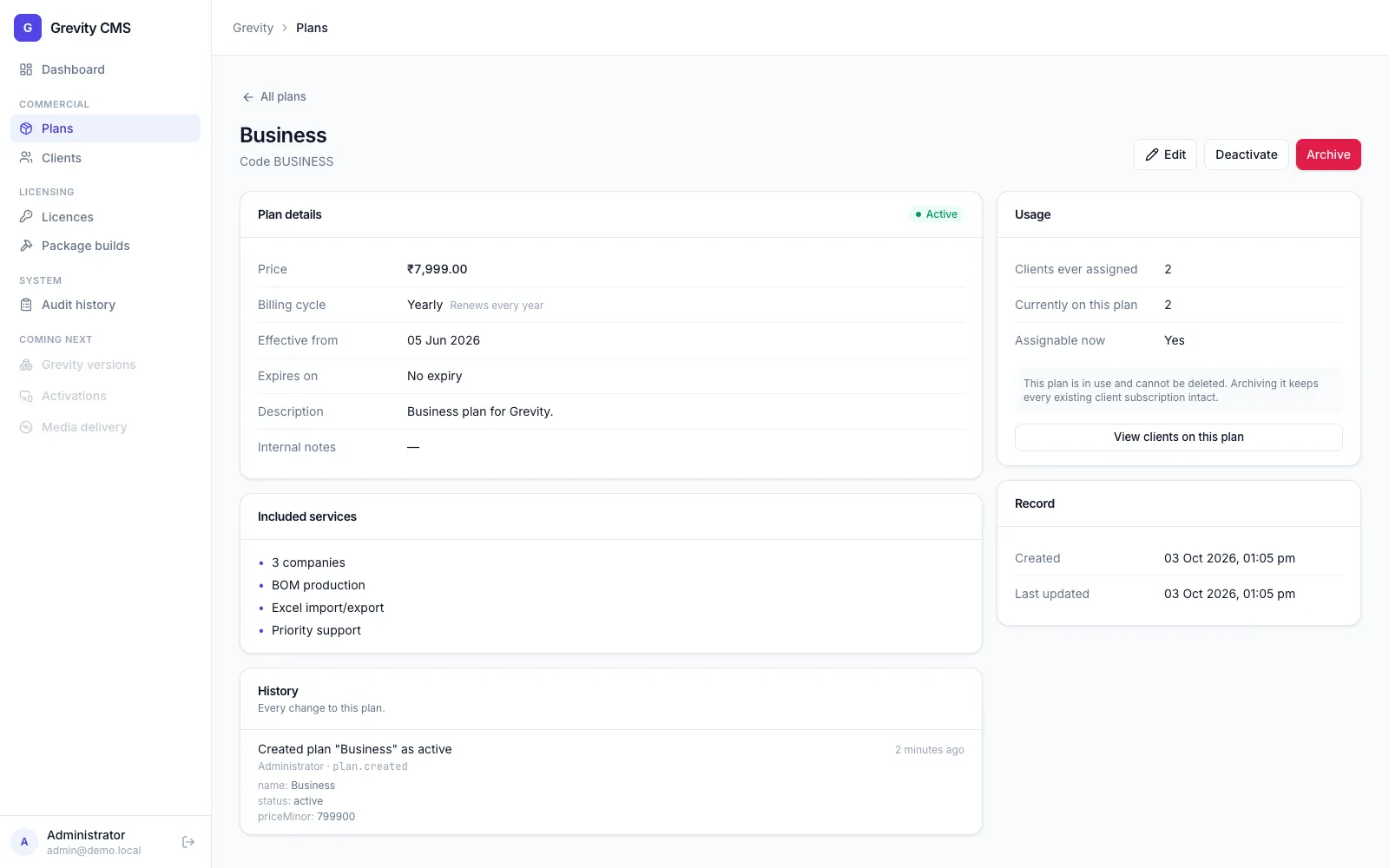 Grevity CMS plan detail page with services, usage and audit entries