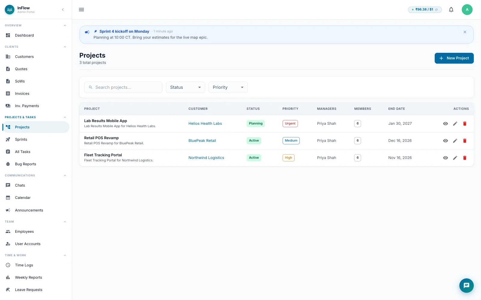 InFlow projects list with client, status and priority columns