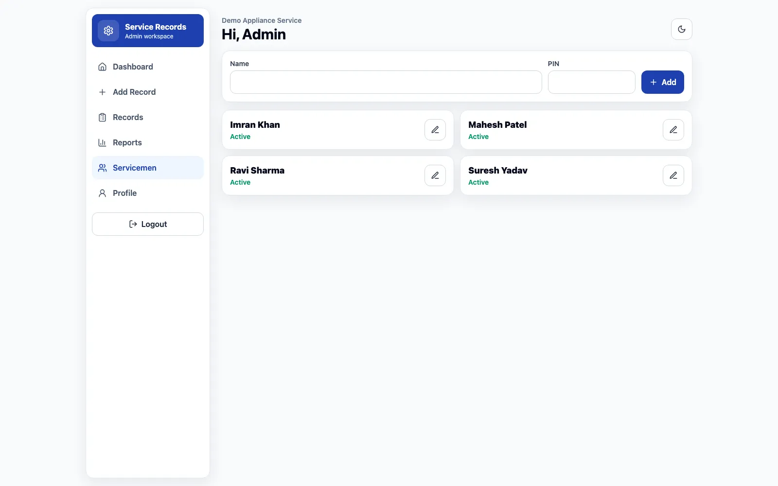 Service Record serviceman management with a form to add a serviceman and four active demo team members