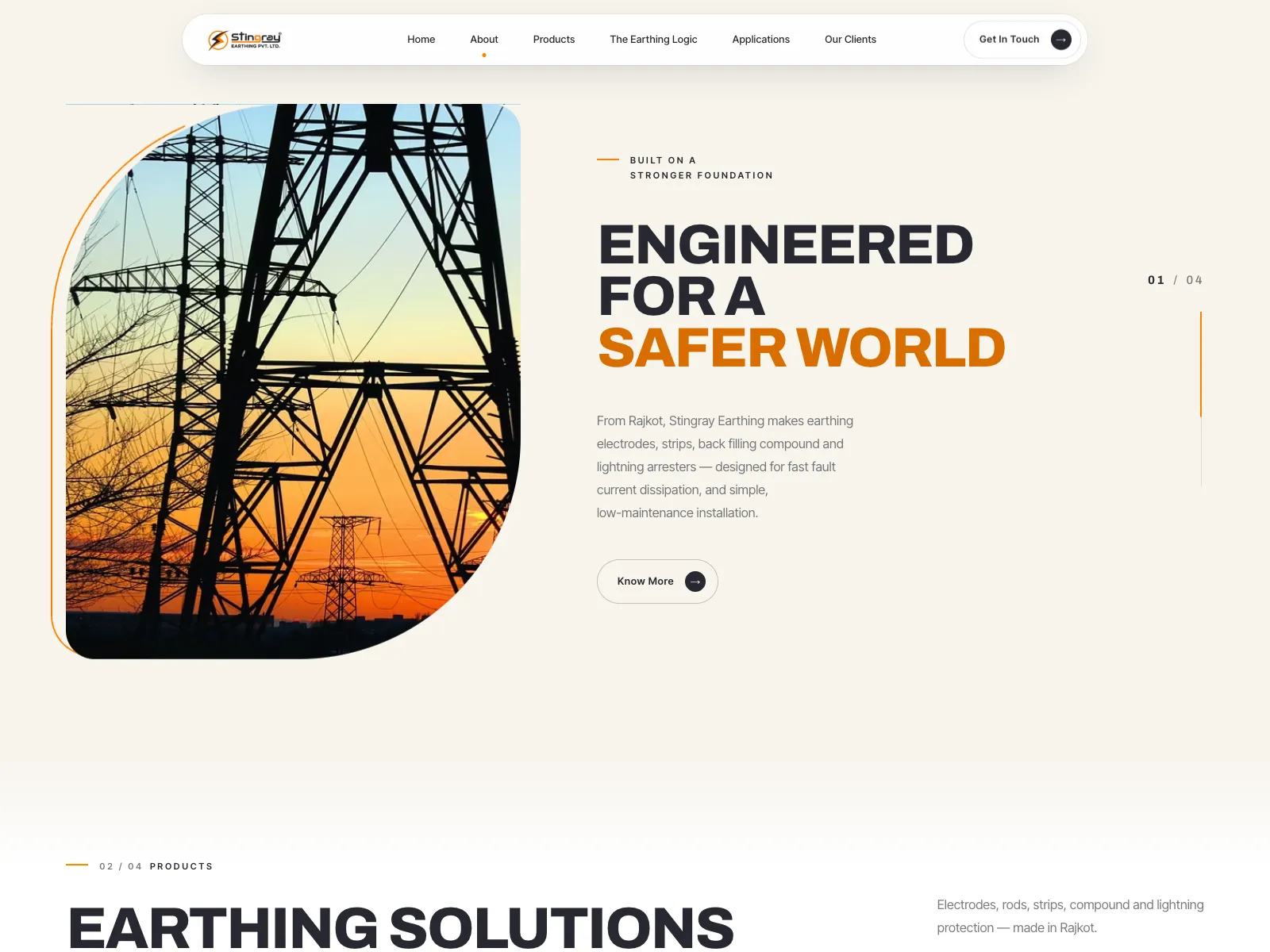 Stingray Earthing about section headed Engineered for a Safer World beside a transmission tower photograph