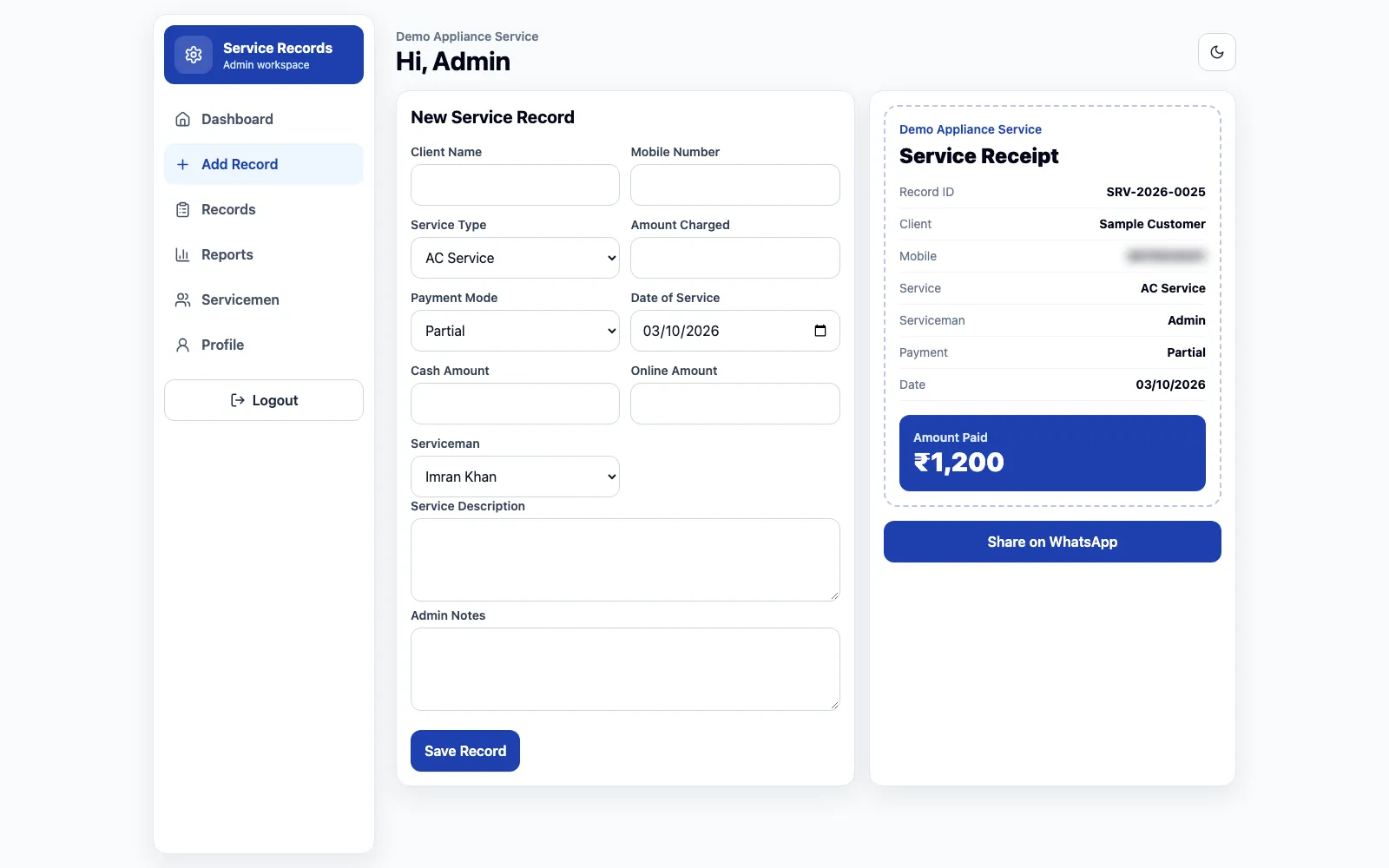 Service Record new record form beside a saved service receipt with the amount paid and a Share on WhatsApp button
