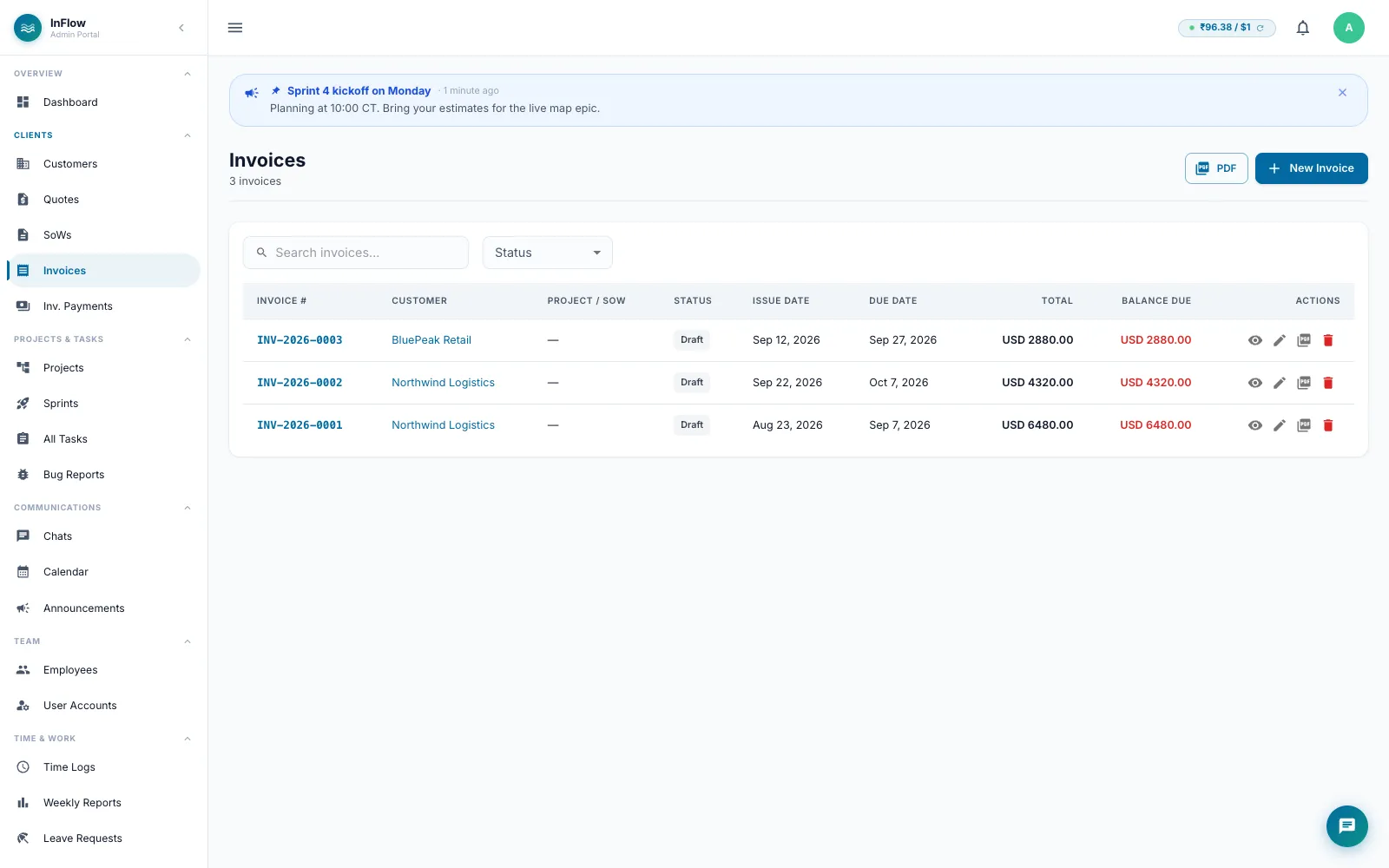 InFlow client invoices list with issue date, due date, total and balance