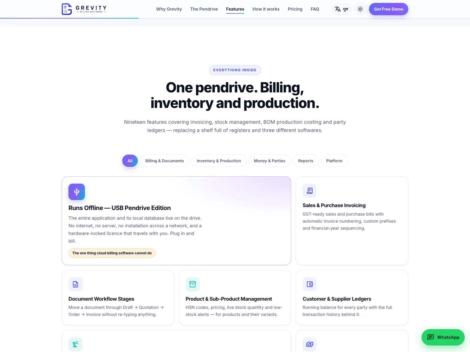 Grevity website feature overview section listing billing, stock and production features
